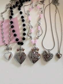 1 件哥特 Y2k 美学心形小盒吊坠开口女式银色不锈钢相框吊坠项链女式 EMO 珠宝时尚珠宝 - 彩色 - 查看 1