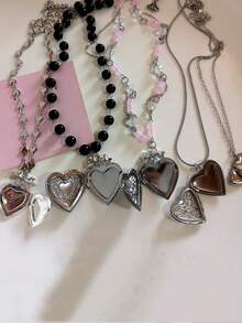 1 件哥特 Y2k 美学心形小盒吊坠开口女式银色不锈钢相框吊坠项链女式 EMO 珠宝时尚珠宝 - 彩色 - 查看 2