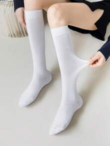 6 双女士舒适休闲保暖冬季纯色中筒袜，校园风格 - 彩色 - 查看 7