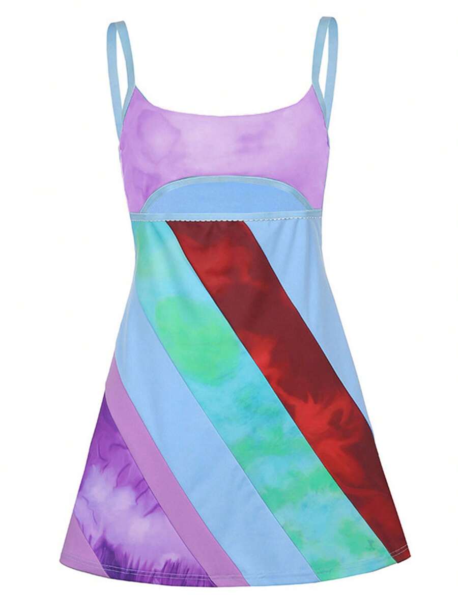 Womens Casual Suspender A-Line Dress Fashion Contrast Color U-Neck Hollow Short Dress - Màu tím - Xem 1