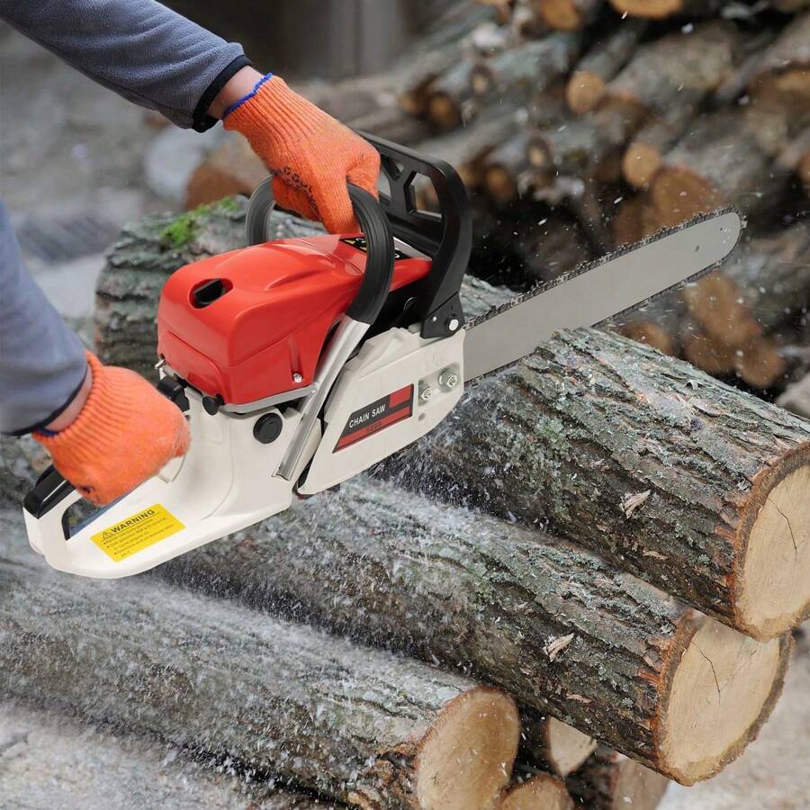 OUKANING 20 Inch 2-Stoke Chain Saw Gasoline Chainsaw 2-Stoke 52cc Gas-Powered Chainsaw Single Cylinder Chain Saw W/ Tool Bag 2000w,Garden Tools - 紅+白 - 查看 1