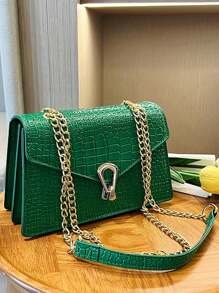 鳄鱼压纹翻盖链条方形包，轻便商务休闲小号 PU 皮革纯色方形单肩包，适合日常使用的完美单肩包，适合青少年女孩、女大学生、新秀和白领人士，适合办公室、大学、工作、商务、通勤、户外、旅行、郊游，适合女士的最佳工作包，生日礼物、配饰、情人节礼物，女士女孩、女士青少年，适合大学生、学校学生的礼物 - 彩色 - 查看 9