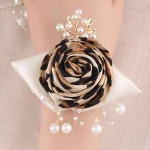 1 件胸花 + 1 件腕花，男女通用豹纹玫瑰胸花配米色丝带，新娘新郎伴郎伴娘胸花腕花，适合婚礼、派对、舞会、日常佩戴 - 彩色 - 查看 6
