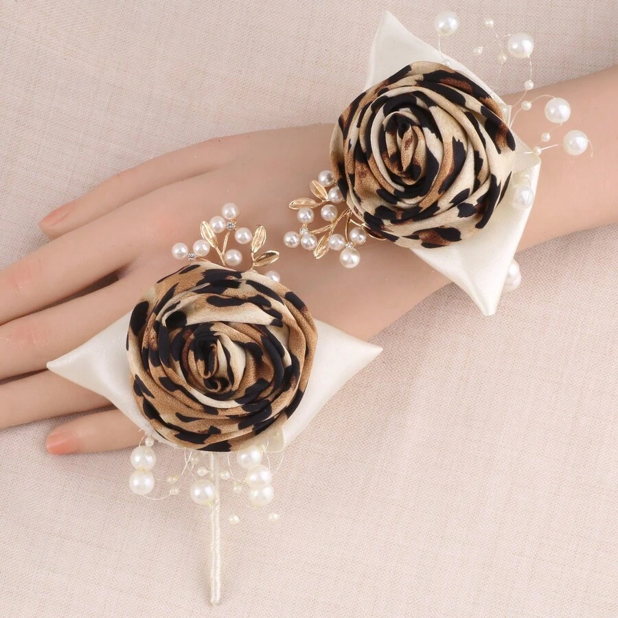 1 件胸花 + 1 件腕花，男女通用豹纹玫瑰胸花配米色丝带，新娘新郎伴郎伴娘胸花腕花，适合婚礼、派对、舞会、日常佩戴 - 彩色 - 查看 1