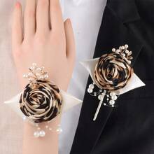 1 件胸花 + 1 件腕花，男女通用豹纹玫瑰胸花配米色丝带，新娘新郎伴郎伴娘胸花腕花，适合婚礼、派对、舞会、日常佩戴 - 彩色 - 查看 2