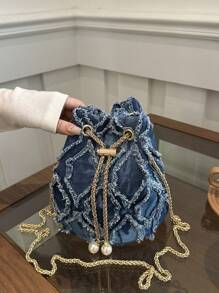 Bolso cubo de hombro con diseño de cordón y apertura con forma de diamante de unicolor y metal de moda, adecuado para compras