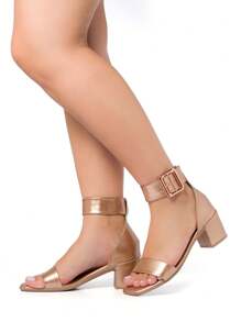 Sandalia de Salto 5.5cm Fivela Alta Feminina Metalizada Estilosa - Bronze - Visão 1