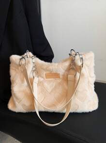 大容量毛绒女士手提包，心形图案女士手提包，单肩包，腋下包，甜美可爱休闲包，小众设计简约多功能通勤包，柔软面料手提包，适合送给朋友逛街约会出差商务使用 - 查看 6