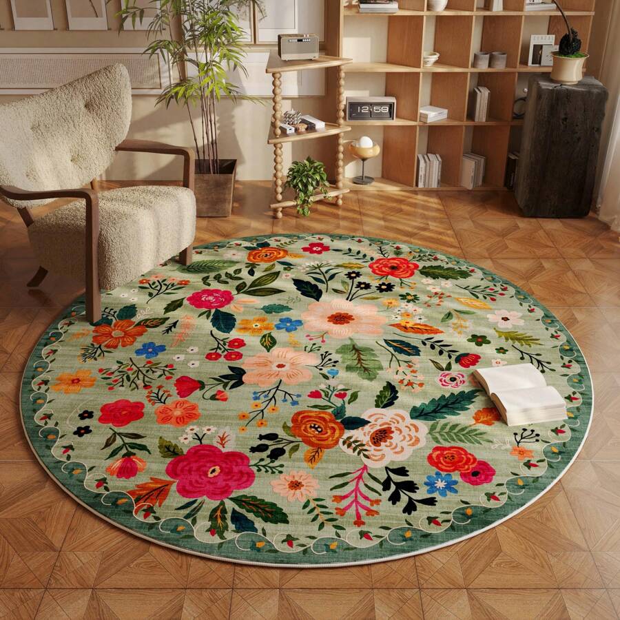 DeramHy home Neuankunft 2024! 1 Stück runder Teppich, waschbar, rutschfest, flach, Boho Blumen, kleiner runder Teppich für Schlafzimmer, Badezimmer, Eingangsbereich, Kinderzimmer, Büro, Studentenwohnheim (Grün)