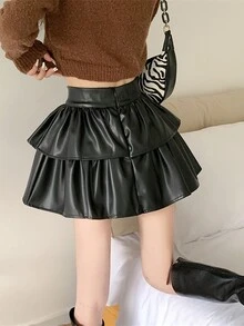 女士高腰褶皱 A 字形 PU 皮革短裙，喇叭形迷你蛋糕裙