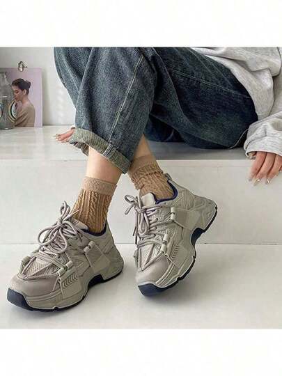 Zapatillas de deporte gruesas con cordones de moda para mujer para actividades al aire libre, zapatillas de mujer