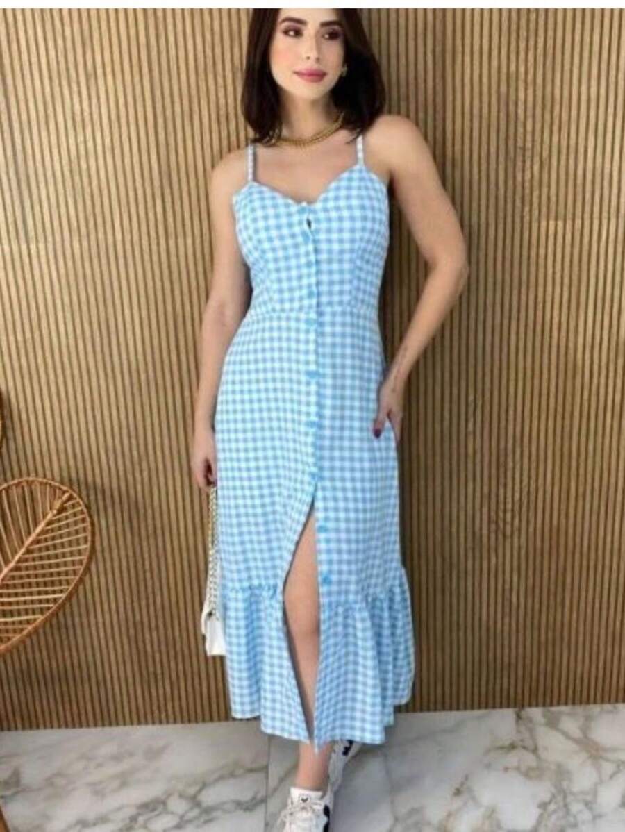 Long Crepe Dress With Padded Cups And Buttons H-1 - 淺色水洗藍 - 查看 1