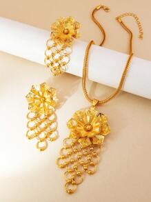 3 件套华丽金花耳环项链吊坠套装迪拜女士新娘配饰情人节、妈妈、母亲、母亲节、礼物 - 金黃色 - 查看 2