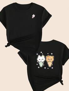 Cute Animal Ice Cream Printed T-Shirt Babylook Blouse Women's Fashion Comfort Casual Printed - 所以 - 查看 1