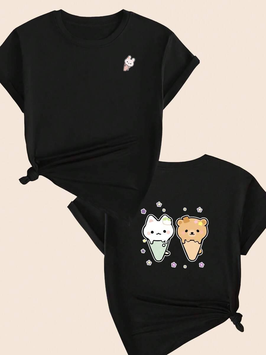 Cute Animal Ice Cream Printed T-Shirt Babylook Blouse Women's Fashion Comfort Casual Printed - 所以 - 查看 1