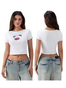 Women's Summer Fitted Crop Tops Short Sleeve Crewneck Solid Color/Pattern Print Cropped T-Shirt - Burgundy - View 2