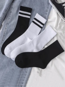 4 双纯黑色和白色中性中筒袜，4 季 - 彩色 - 查看 5