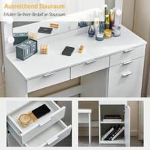 CLIPOP Große Schminktisch Weiß mit LED Beleuchtung und Hocker, Kosmetiktisch mit Spiegel, 4 Schubladen, Aufbewahrungsschrank und Hocker, Frisierkommode Frisiertisch Schlafzimmermöbel Vanity Set