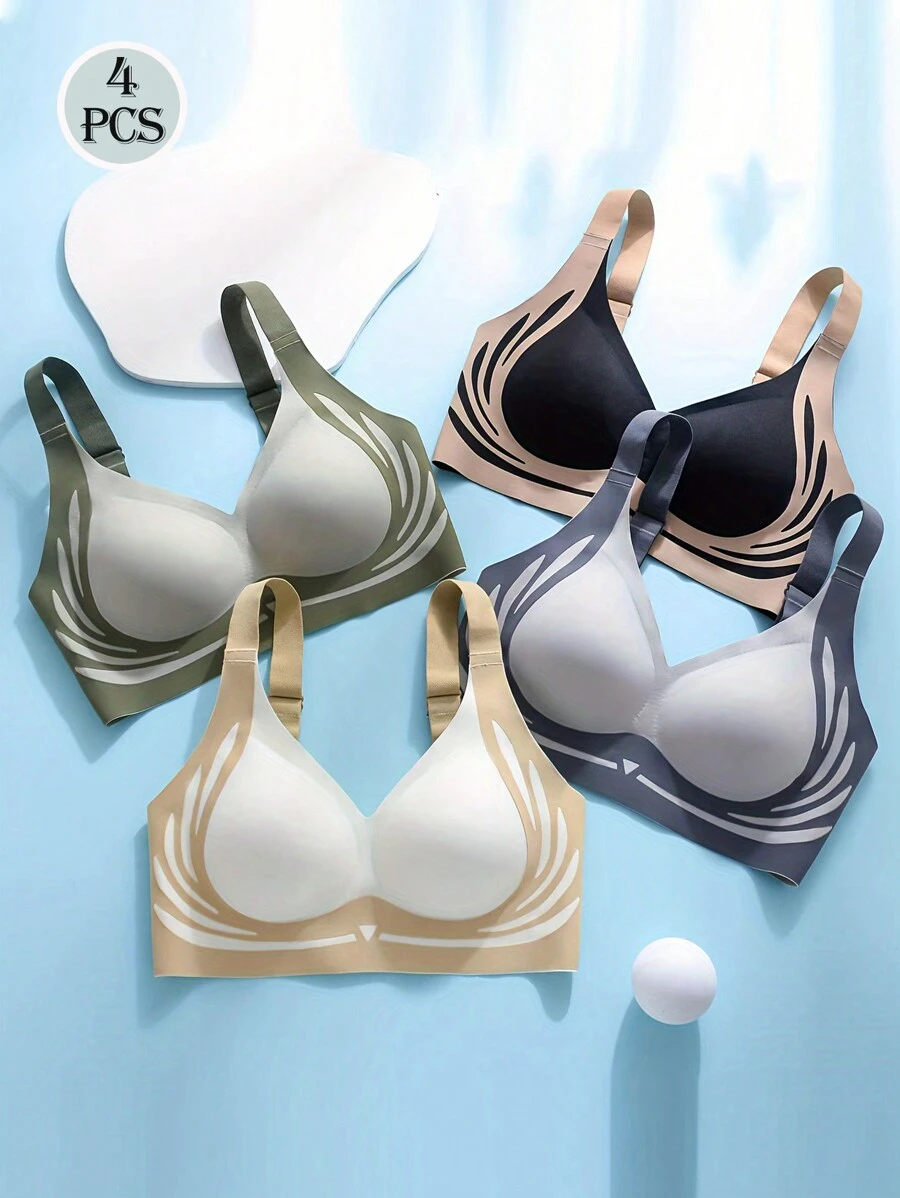 4pcs/Set Women's Comfortable & Breathable Colorblock Front Hook Closure Sports Bras With Semi-Fixed Padded Cups For Lift & Side Slimming, Suitable For Yoga - 彩色 - 查看 1