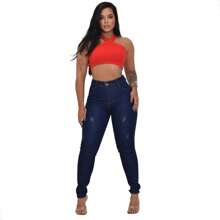 Women's Black Jeans High Waisted With Lycra Butt Lifting Pants - Màu xanh hải quân - Xem 5