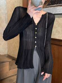 小众设计 V 领长袖针织毛衣，女式宽松休闲上衣 - 黑色 - 查看 2