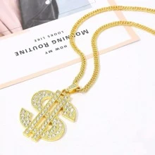 1pc Exaggerated Hip-Hop Style Dollar Sign Pendant Necklace, Zinc Alloy & Rhinestone Decor, Suitable For Men And Women Daily Wear - Gold - View 5