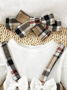 2pcs/Set Baby Girl Plaid Patchwork Bodysuit With Headband, Spring/Summer - White - View 4