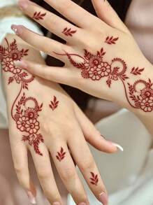 欢快的红色花卉指甲花临时纹身贴纸 - 适合派对和节日 - 矩形 - 紅色 - 查看 1