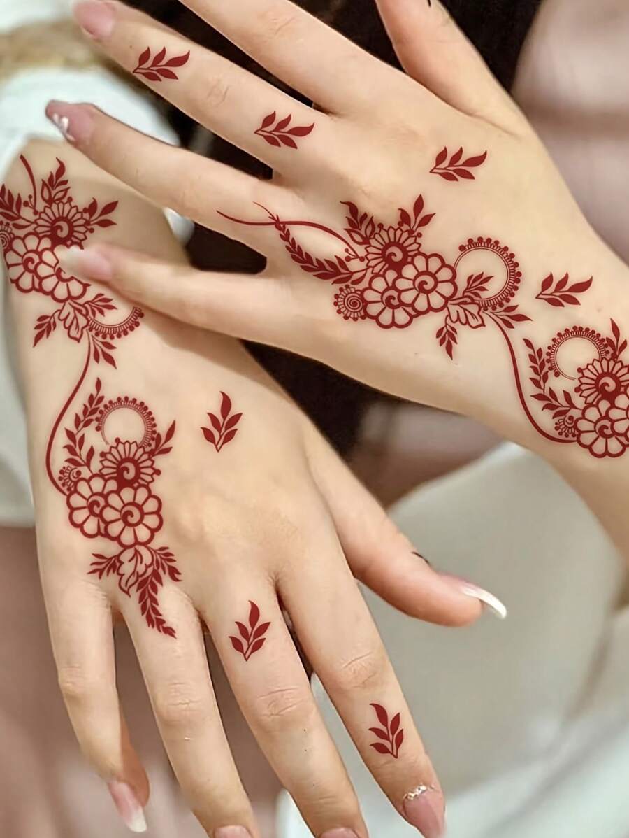 欢快的红色花卉指甲花临时纹身贴纸 - 适合派对和节日 - 矩形 - 紅色 - 查看 1