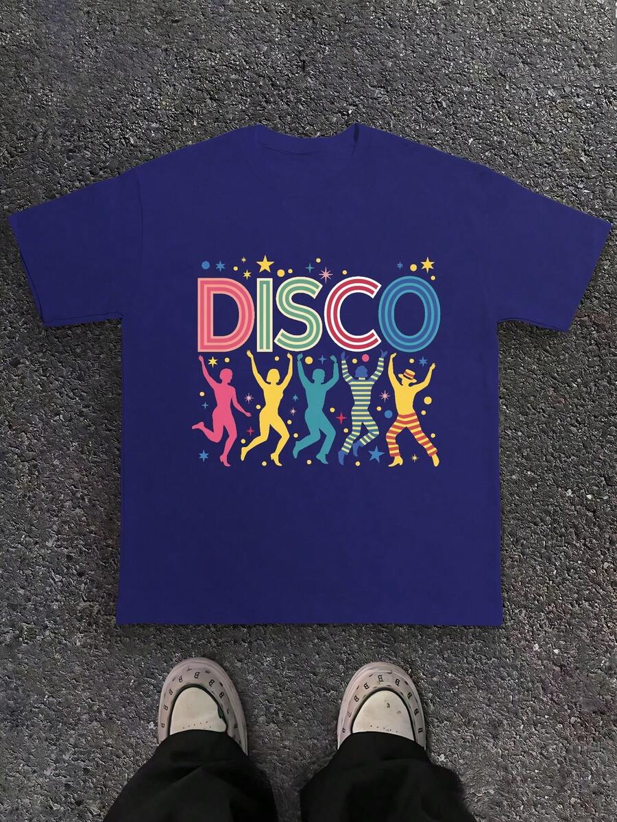 Disco Themed Illustration 180g Pure Cotton Men's Tshirt Comfort Fit - 藍色 - 查看 1