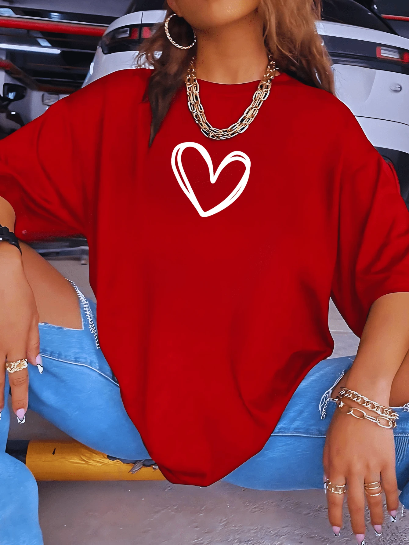 Women's Basic Oversized Blouse Round Sleeve T-Shirt Gym Running Walking T-Shirt - 紅色 - 查看 1