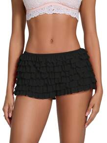 Women Y2k Ruffle Shorts With Bow Party Mini Shorts Skirt Low Rise Layered Micro Shorts Pettipants Pj Bottoms - 黑色 - 查看 2