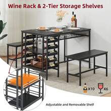 Dining Table Set For 4, Kitchen Table With 2 Benches, Wine Rack And Storage Shelf, Rectangular Dining Room Table Set, 3 Piece Dining Table Set For Small Space, Apartment, Dinette, 39.17 X 30.31 X 7.28 Inches - 黑色 - 查看 3