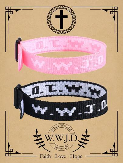 2条 Wwjd 字母提花针织手链，耶稣会怎么做？手绳保护祈祷手链，励志基督教饰品，适合青少年男孩女孩佩戴。