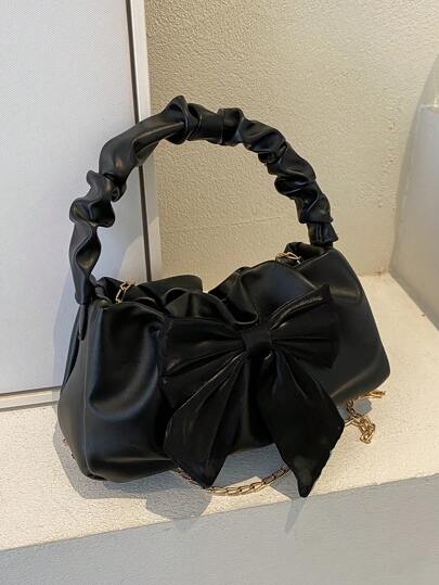Bolso en forma de media luna con pliegues, bufanda de seda y decoración de lazo para mujeres, bolso pequeño casual con correa de cadena de metal, bolso tipo nube para el hombro o bandolera, regalo perfecto para el Día de San Valentín, bolso con lazo para mujeres, mejor opción de regalo de San Valentín