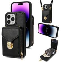 钱包式手机壳适用于 iPhone 16/15/14/13/12/11 斜挎皮革手机壳，配有信用卡夹和肩带纽扣，翻盖 PU 支架手机壳，防震保护壳，适用于圣诞节、生日、新年礼物、冬季、送给家人、朋友、生日、女朋友、男朋友的礼物 - 黑色 - 查看 1