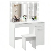 CLIPOP Große Schminktisch Weiß mit LED Beleuchtung und Hocker, Kosmetiktisch mit Spiegel, 4 Schubladen, Aufbewahrungsschrank und Hocker, Frisierkommode Frisiertisch Schlafzimmermöbel Vanity Set
