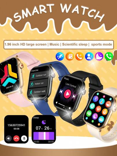 HOT 1pc Silicone Strap Smart Watch para adolescentes, tela sensível ao toque TFT de alta definição de 1,96", temperatura corporal, previsão do tempo, Bluetooth, rastreamento esportivo, lembrete de chamada, despertador, exibição de data, tocador de música, compatível com Android e IOS, adequado para presentes, escola, esportes, reuniões