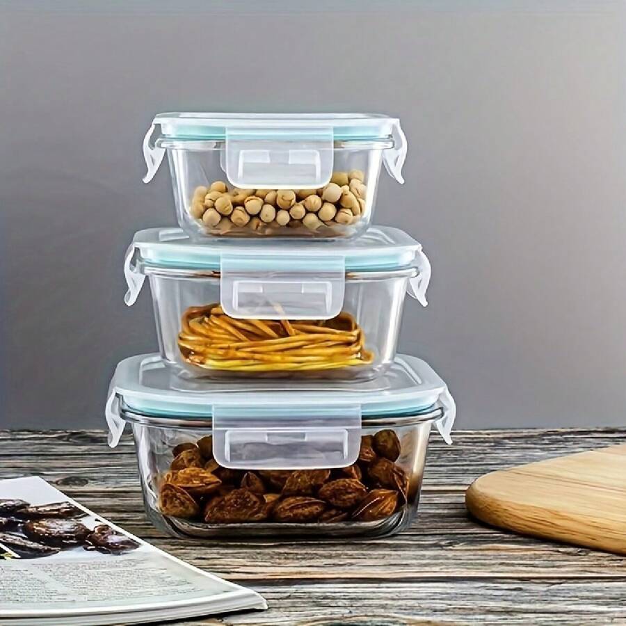 1 bộ 3 hộp đựng thực phẩm bằng thủy tinh borosilicate cao cấp có nắp, hộp đựng Bento chịu nhiệt và lò vi sóng - Màu xanh nhạt - Xem 1