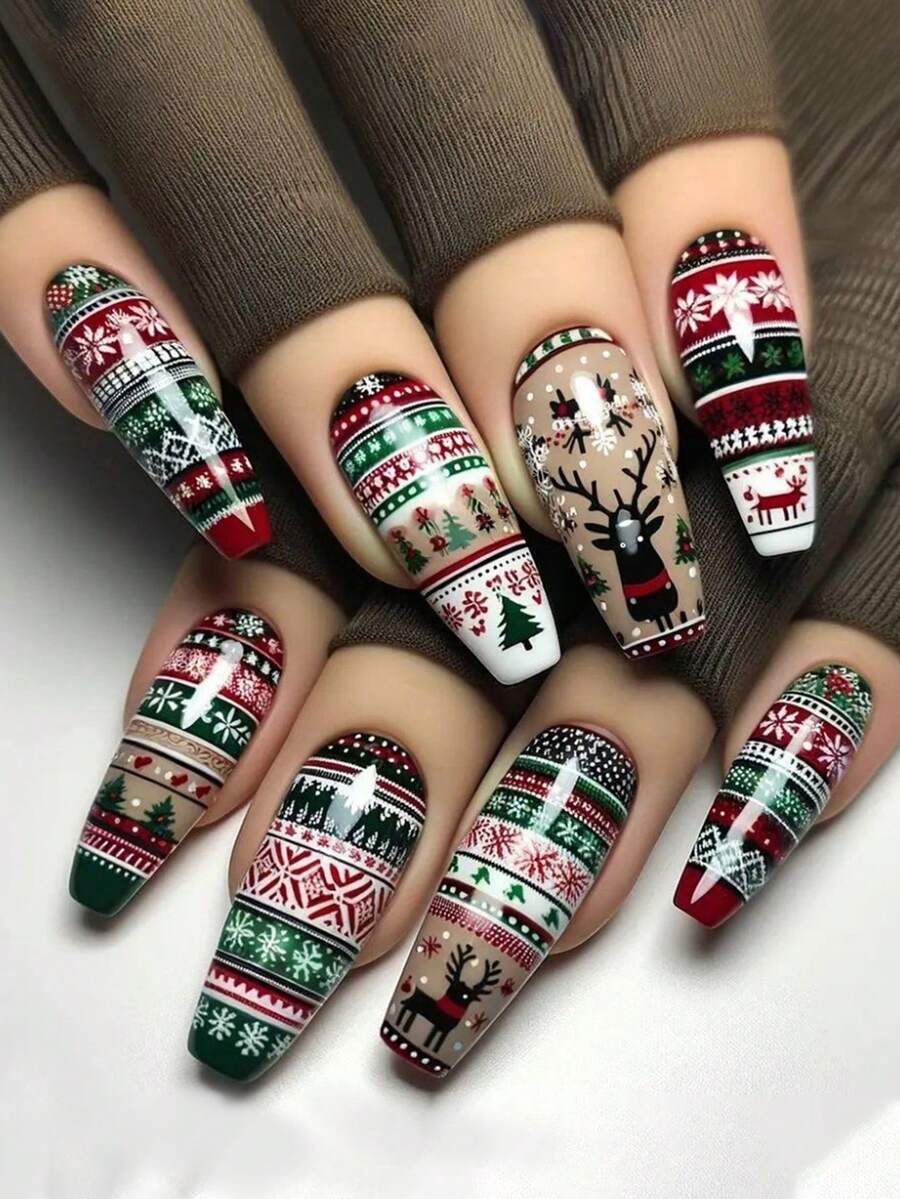 24 chiếc móng tay giả dài hình vũ công ba lê với tuần lộc Giáng sinh, cây thông Noel và bông tuyết trang trí, dành cho phụ nữ, miếng dán móng tay, trang trí nghệ thuật móng tay vừa vặn hoàn hảo - Nhiều màu - Xem 1