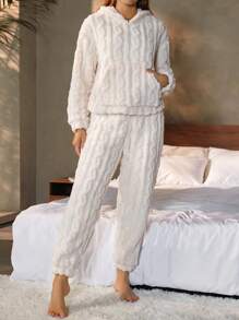 Nina Bonheur 2pcs Women's Thick Fleece Hoodie And Comfortable Pants Fluffy Lounge Set, Fall/Winter Clothes, Cozy - Baby Pink - View 6