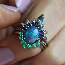 3 件套时尚奢华闪亮小众设计波西米亚风婚礼/订婚戒指，适合女性日常佩戴 - 彩色 - 查看 4