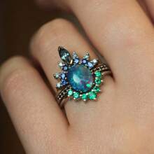 3 件套时尚奢华闪亮小众设计波西米亚风婚礼/订婚戒指，适合女性日常佩戴 - 彩色 - 查看 5