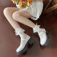 Giày cao gót đế dày màu đen, da bóng, xỏ ngón, mũi tròn, giày lười, giày thời trang cổ điển thường ngày, có nơ và chi tiết sáng bóng - Màu be - Xem 2