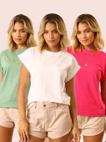 Kit 3 Women's Basic Loose Comfortable Muscle Tee Tank Top - Off|Pink|Green - View 1