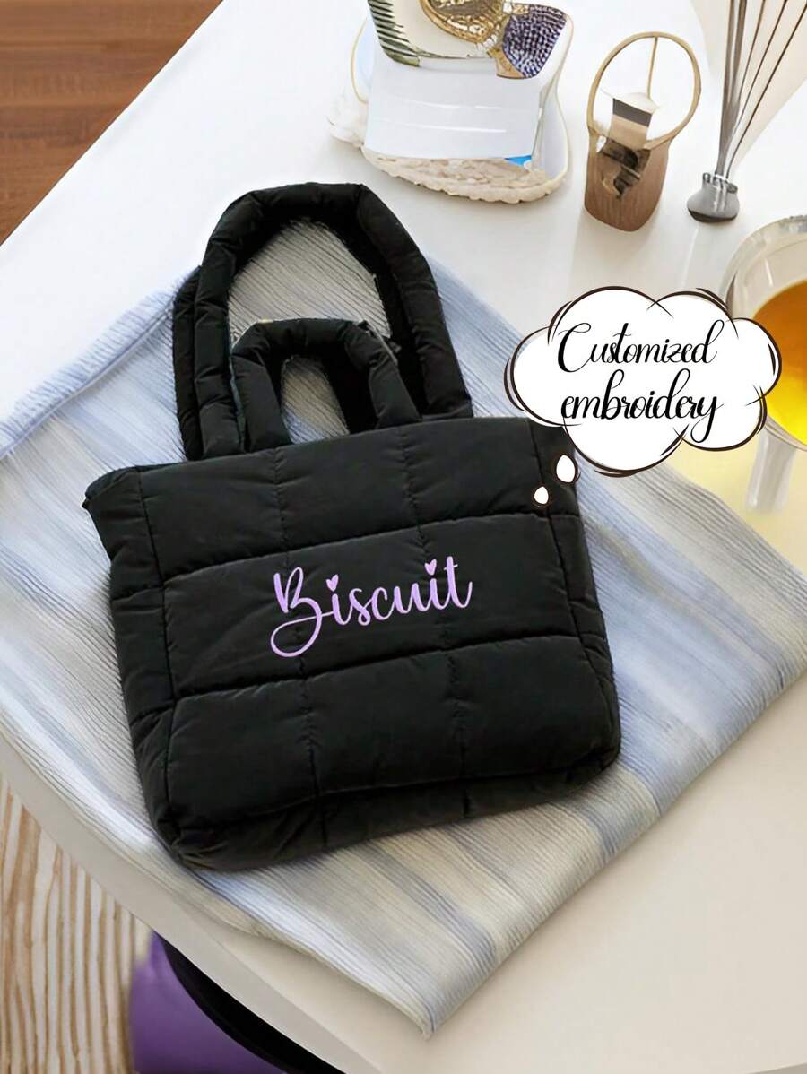 Túi xách thêu cá nhân hóa cho nữ, Túi đeo nách dung tích lớn, Túi áo khoác ca rô, Túi đeo vai cầm tay dung tích lớn, Túi xách, Cảm giác cao cấp, Dung tích lớn, Túi áo khoác thời trang, Túi đeo vai đi làm, Túi đeo vai thoải mái đơn giản khi đi làm dành cho phụ nữ - màu đen - Xem 1