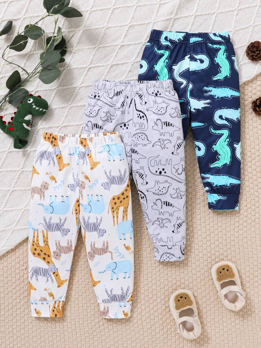 3pcs Baby Boy Animal & Crocodile Print Pants, Autumn/Winter - Multicolor - View 1