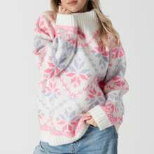 Women Cute Turtleneck Sweaters Casual Snowflake Print Comfy Warm Long Sleeve Pullover Basic Knitwear For Fall Streetwear