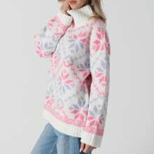 Women Cute Turtleneck Sweaters Casual Snowflake Print Comfy Warm Long Sleeve Pullover Basic Knitwear For Fall Streetwear