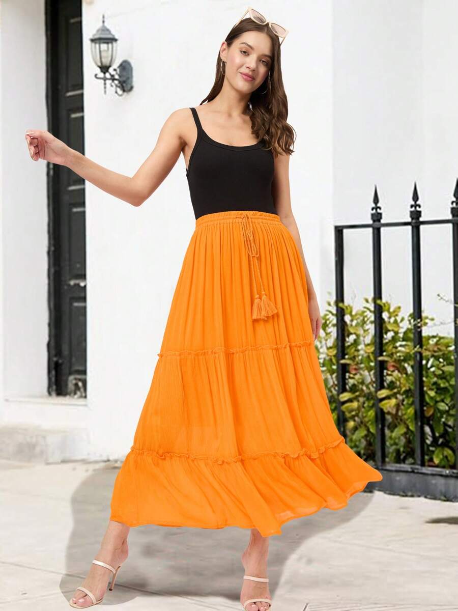 Gypsie Blu Women High Waist Tie Ruffled Hem Maxi Skirt For Casual Daily Cocktail Party Beach Dating Holidays - 橘色 - 查看 1